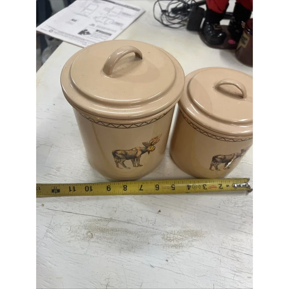 Marble Canyon Enamelware Moose Canisters  Set of 2 Cream Beige Vintage Style